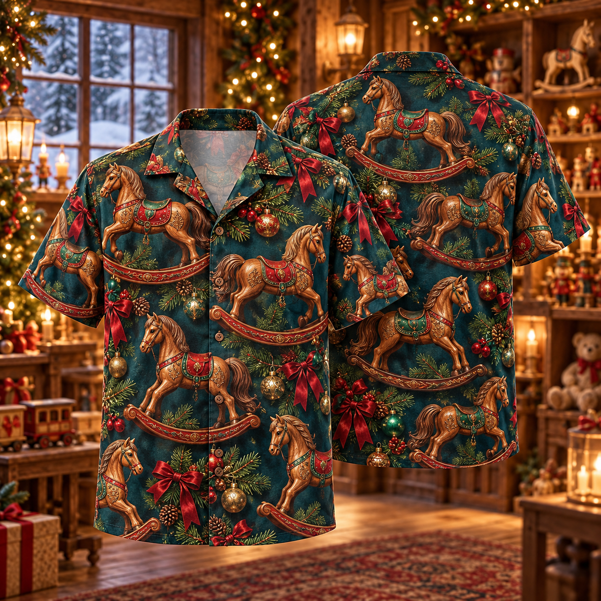 AlohaVero Christmas rocking horses Hawaiian shirt, front and back views