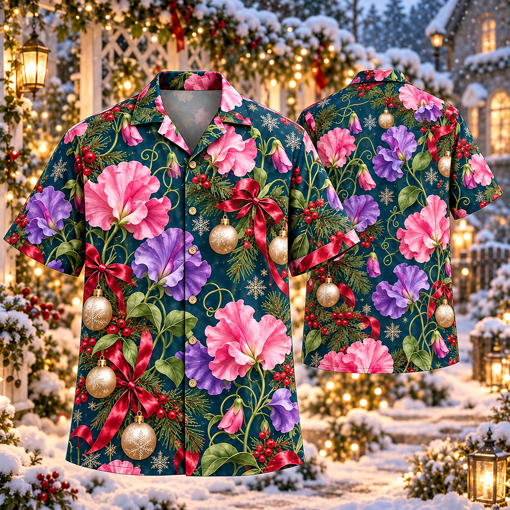 AlohaVero Christmas sweet-peas Hawaiian shirt, front and back views