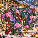 AlohaVero Christmas sweet-peas Hawaiian shirt, front and back views
