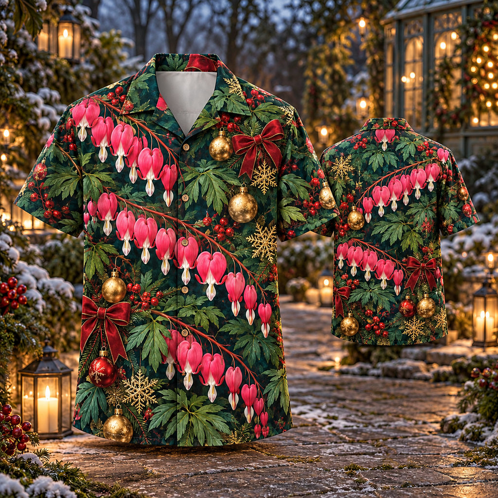 AlohaVero Christmas bleeding-hearts Hawaiian shirt, front and back views