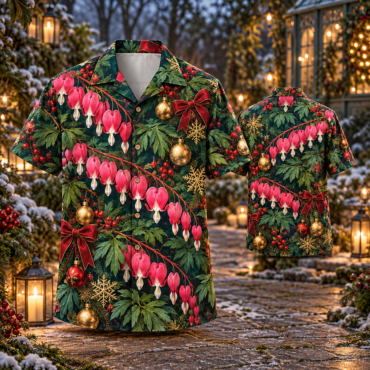 AlohaVero Christmas bleeding-hearts Hawaiian shirt, front and back views