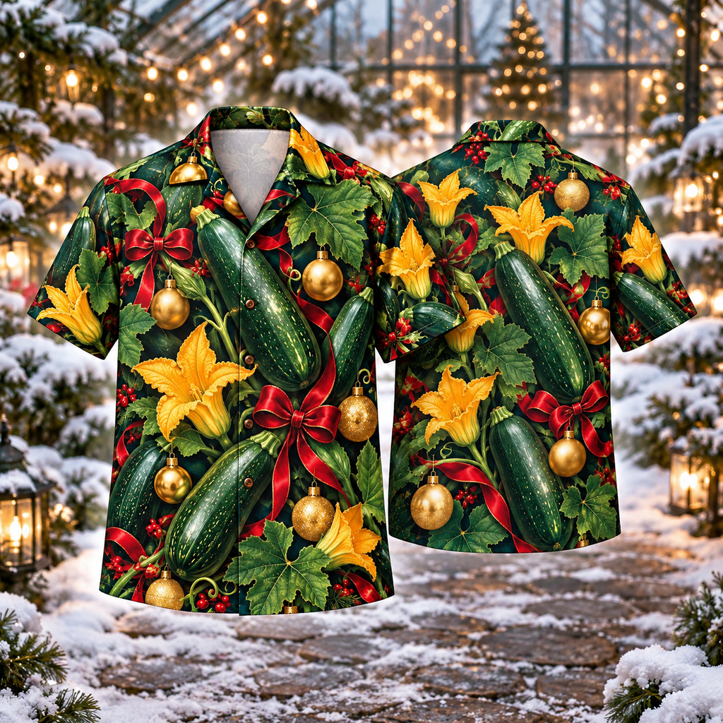 AlohaVero Christmas zucchini Hawaiian shirt, front and back views