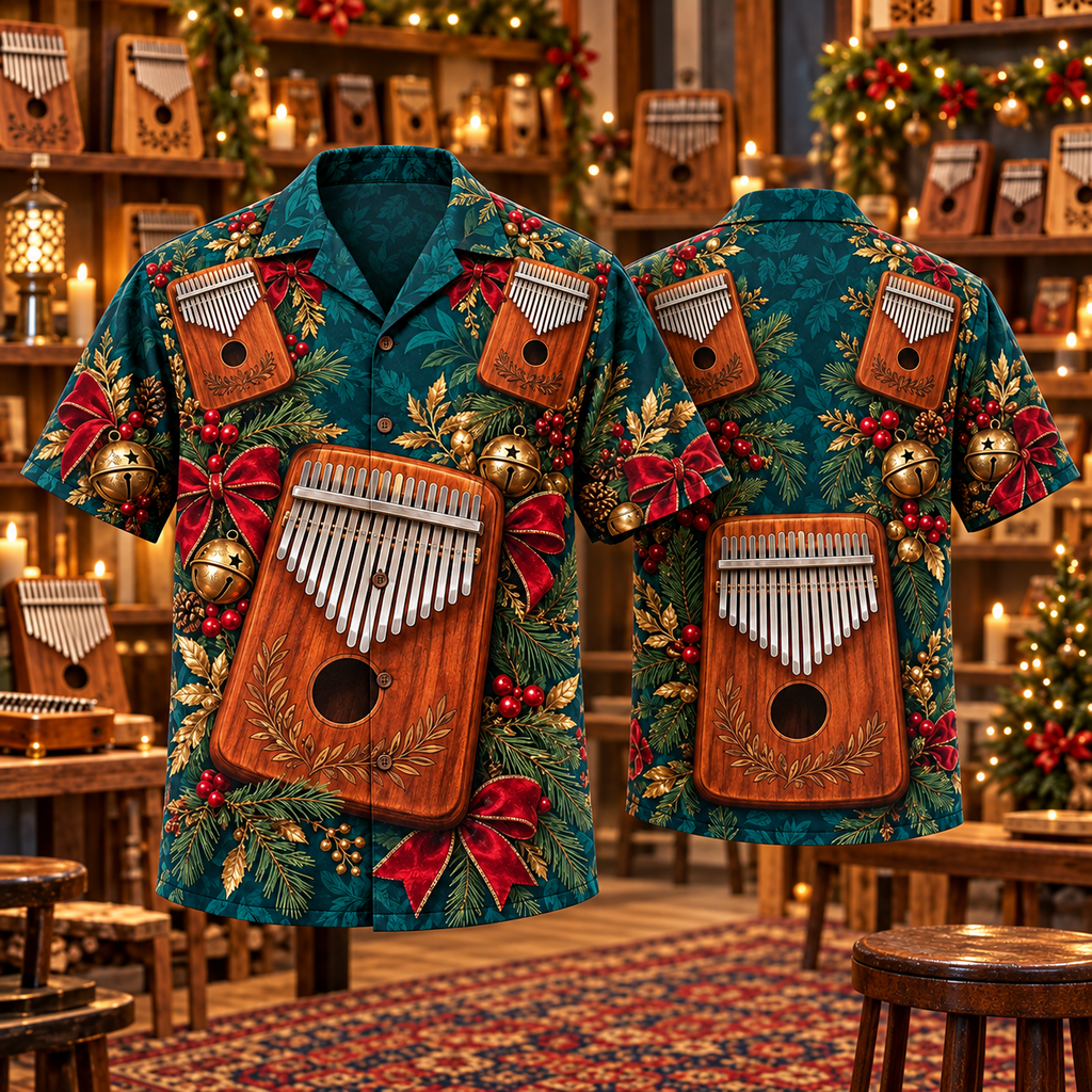 AlohaVero Christmas kalimbas Hawaiian shirt, front and back views