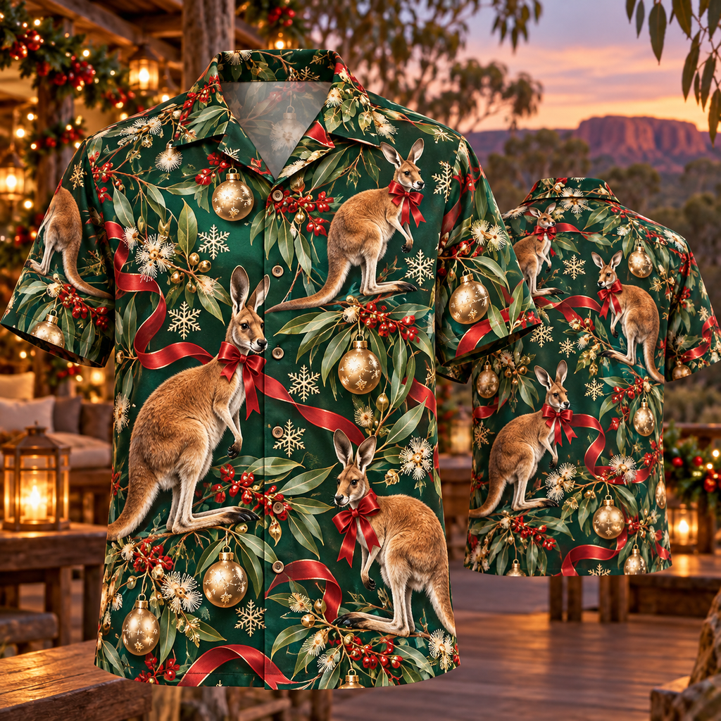 AlohaVero Christmas kangaroos Hawaiian shirt, front and back views