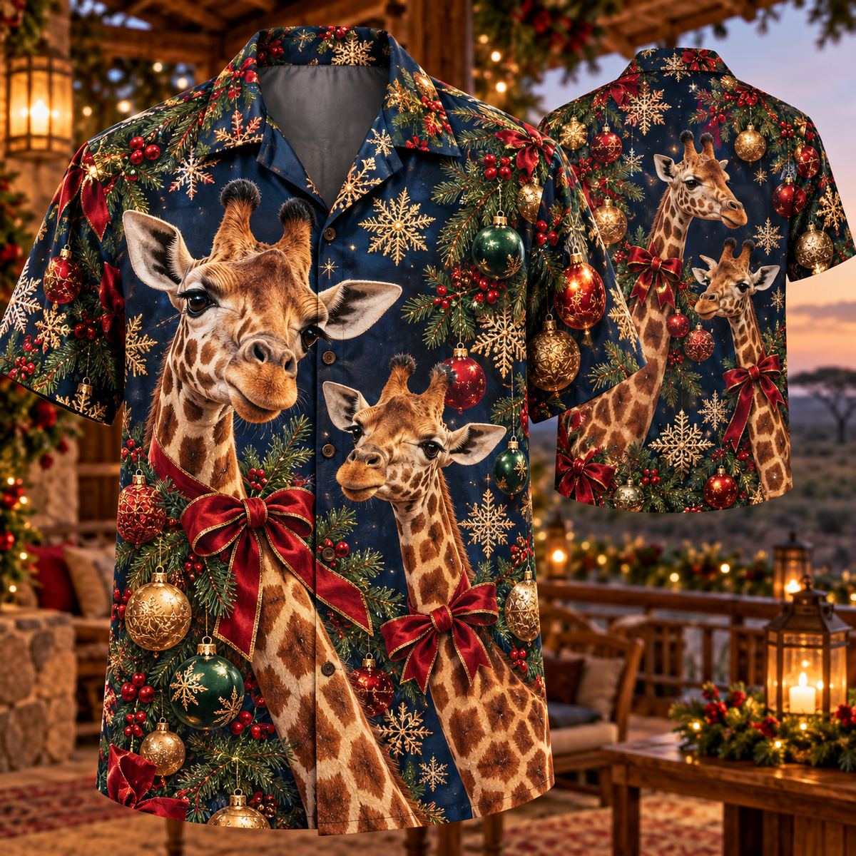 AlohaVero Christmas giraffes Hawaiian shirt, front and back views