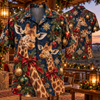 AlohaVero Christmas giraffes Hawaiian shirt, front and back views