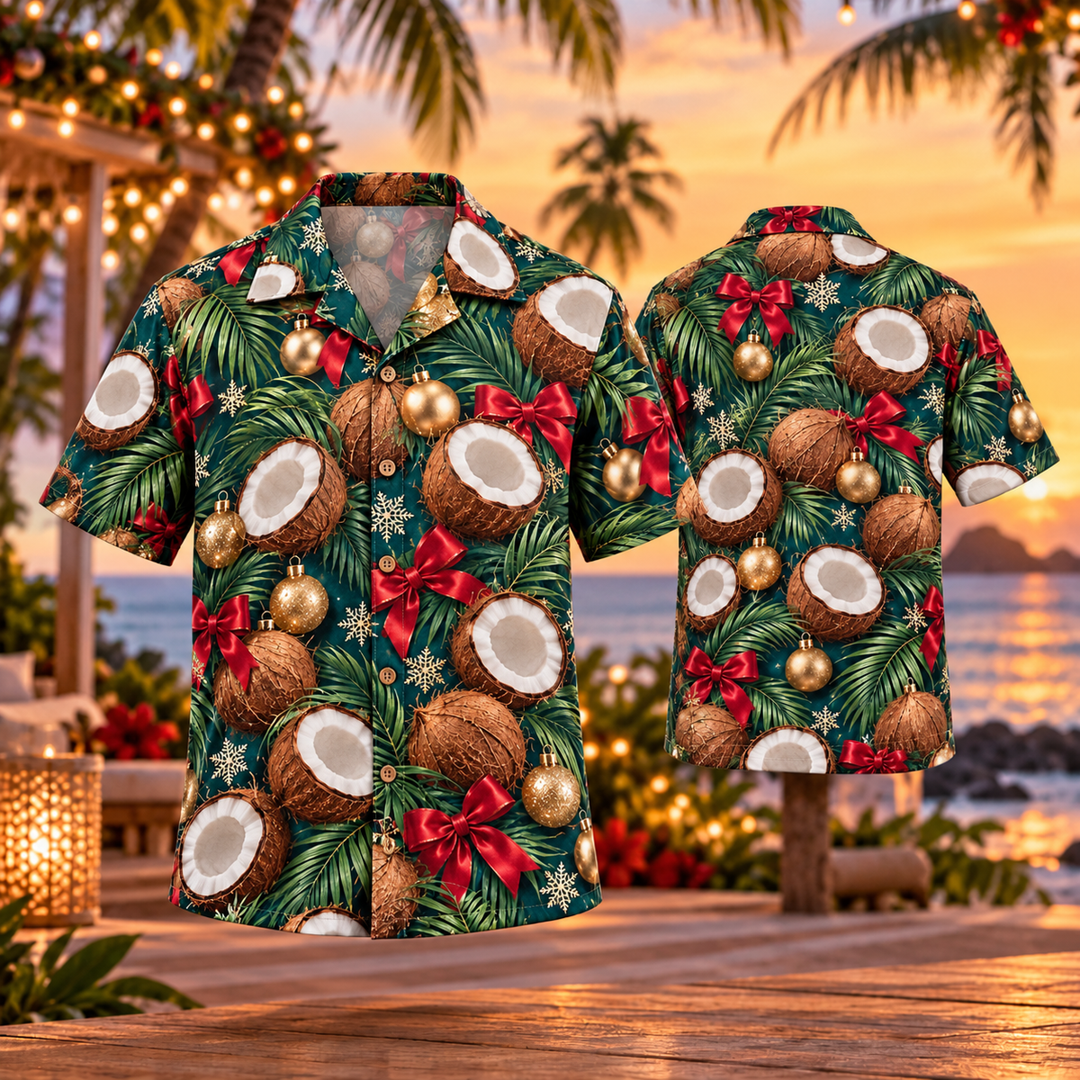 AlohaVero Christmas coconuts Hawaiian shirt, front and back views