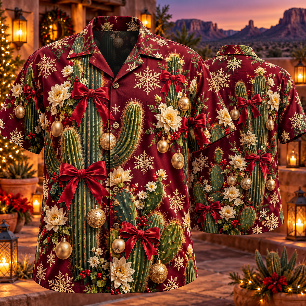 AlohaVero Christmas cacti Hawaiian shirt, front and back views