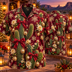 AlohaVero Christmas cacti Hawaiian shirt, front and back views
