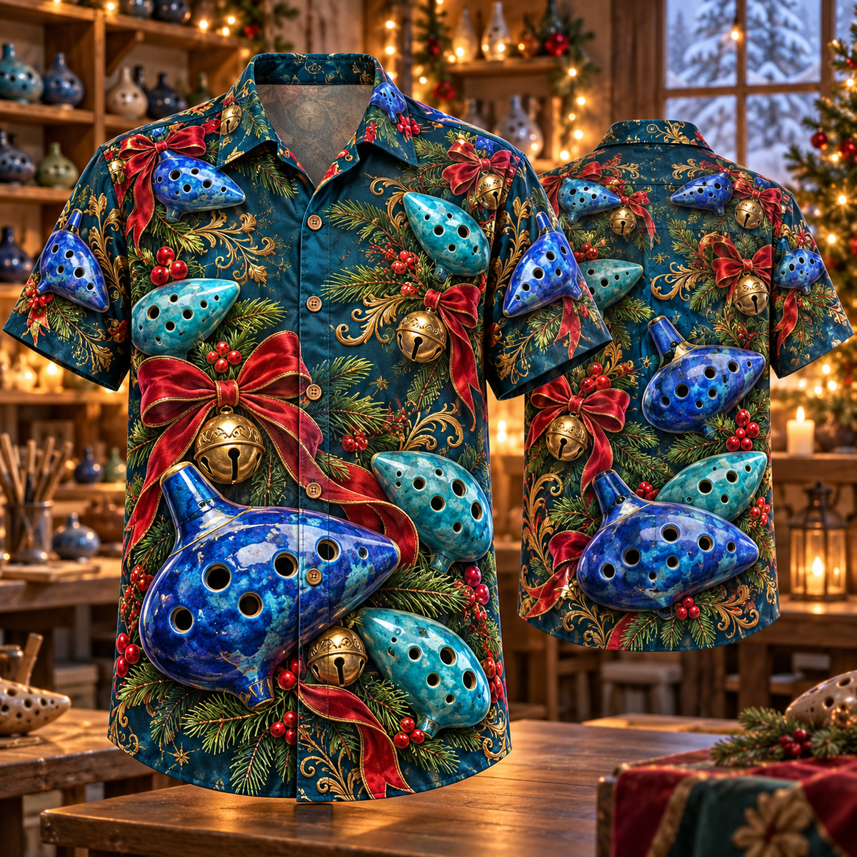AlohaVero Christmas ocarinas Hawaiian shirt, front and back views