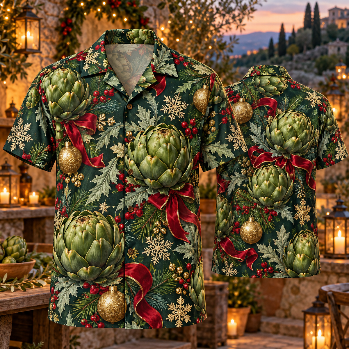 AlohaVero Christmas artichokes Hawaiian shirt, front and back views