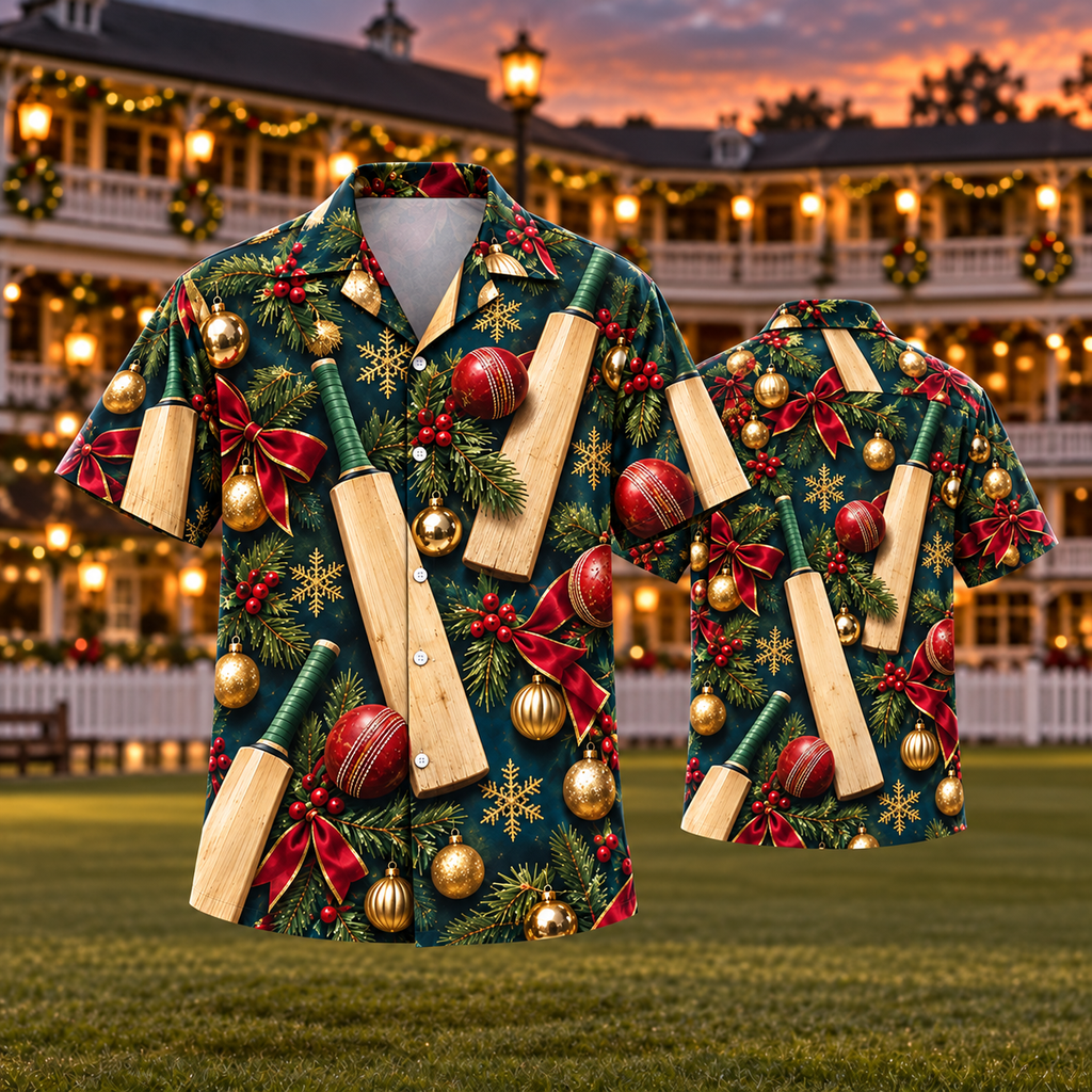 AlohaVero Christmas cricket Hawaiian shirt, front and back views
