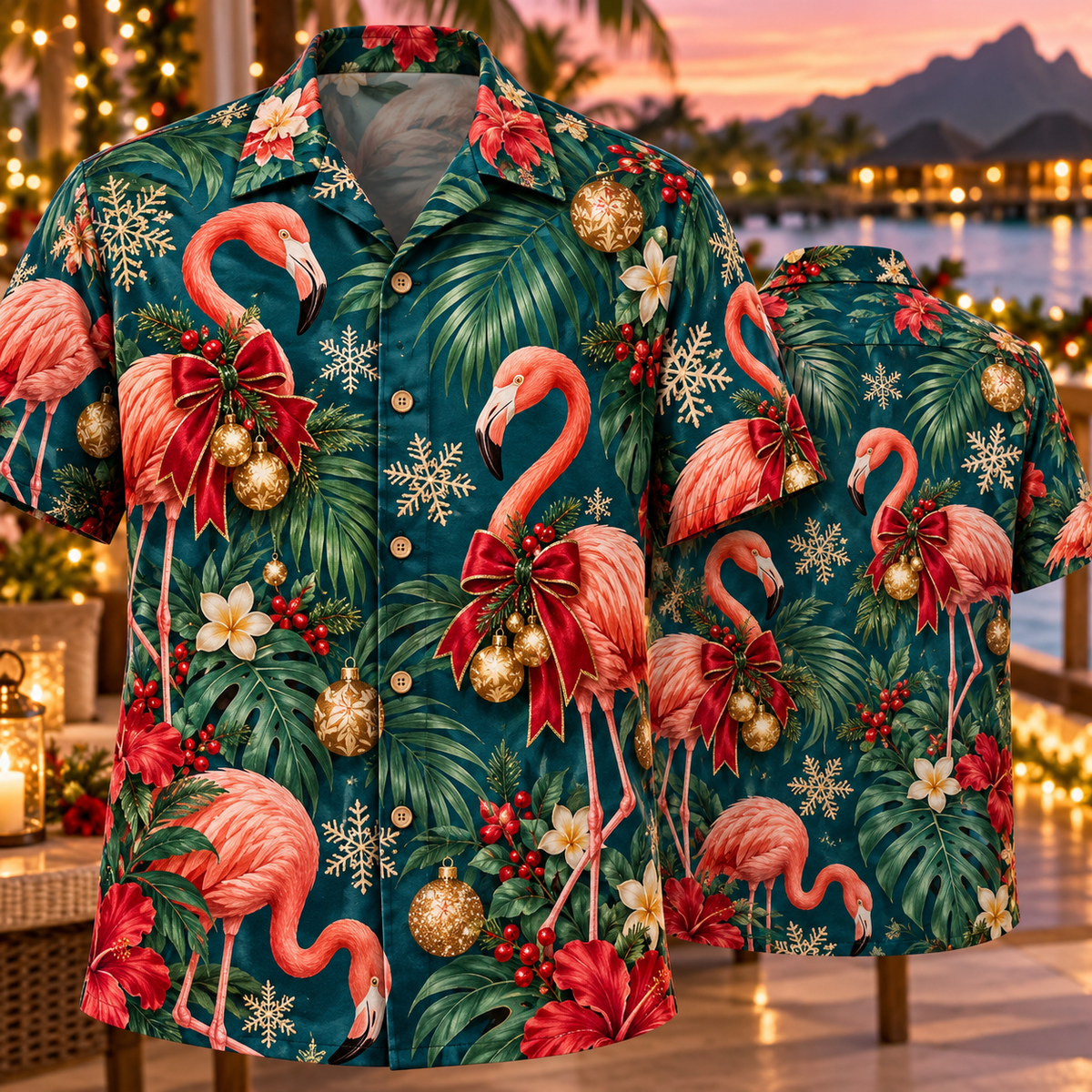 AlohaVero Christmas flamingos Hawaiian shirt, front and back views