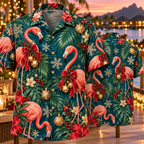 AlohaVero Christmas flamingos Hawaiian shirt, front and back views