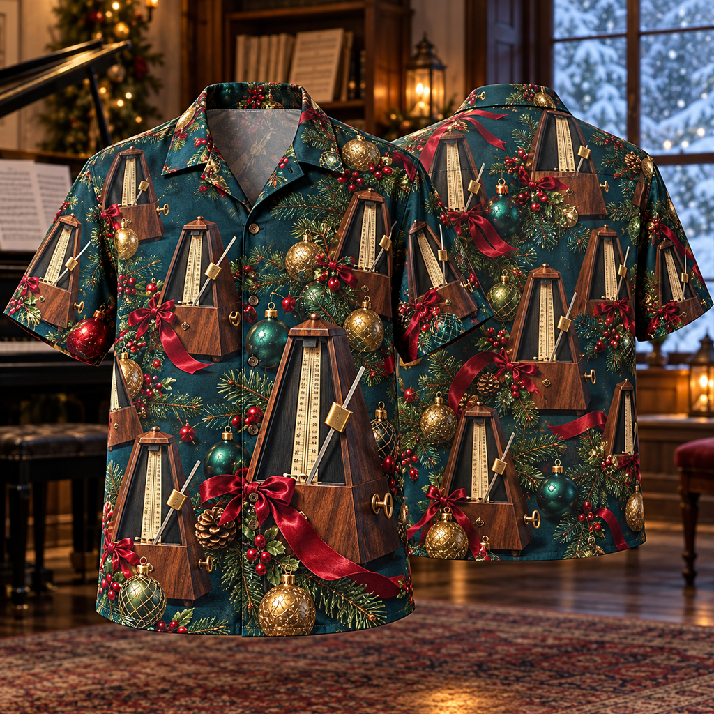 AlohaVero Christmas metronomes Hawaiian shirt, front and back views