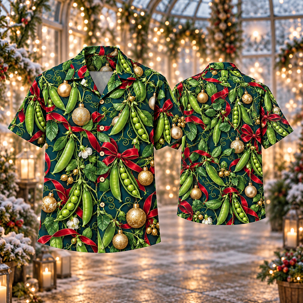 AlohaVero Christmas sugar-snap-peas Hawaiian shirt, front and back views