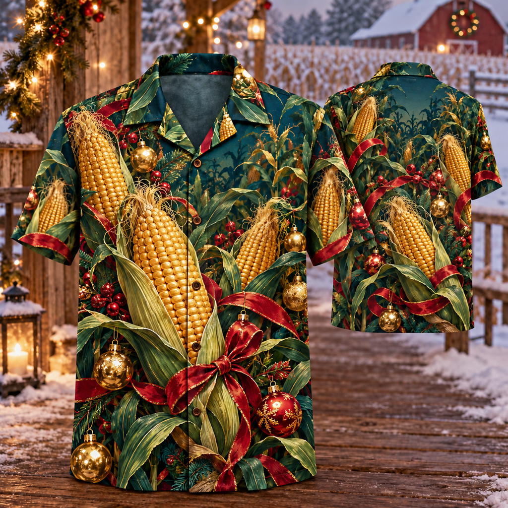 AlohaVero Christmas corn Hawaiian shirt, front and back views