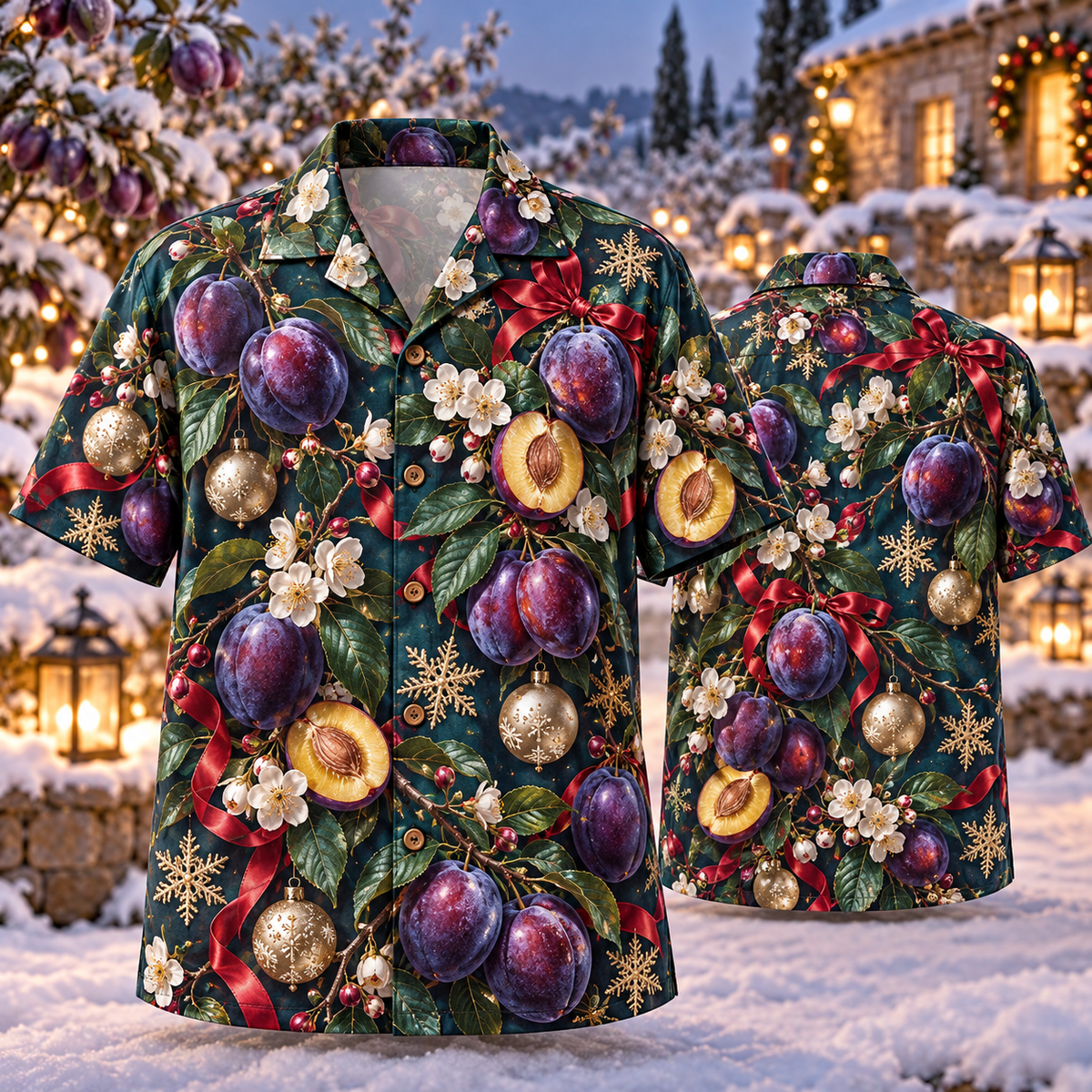 AlohaVero Christmas plums Hawaiian shirt, front and back views