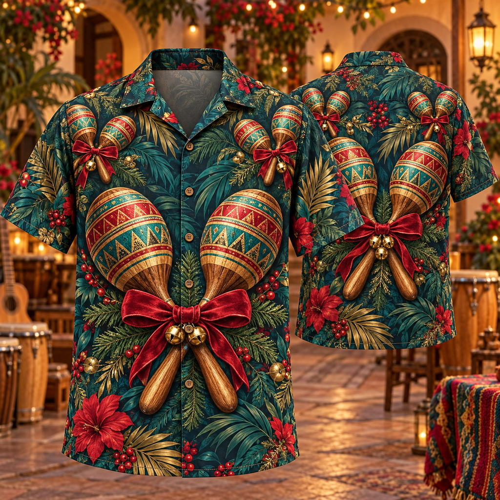 AlohaVero Christmas maracas Hawaiian shirt, front and back views