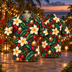 AlohaVero Christmas frangipani Hawaiian shirt, front and back views