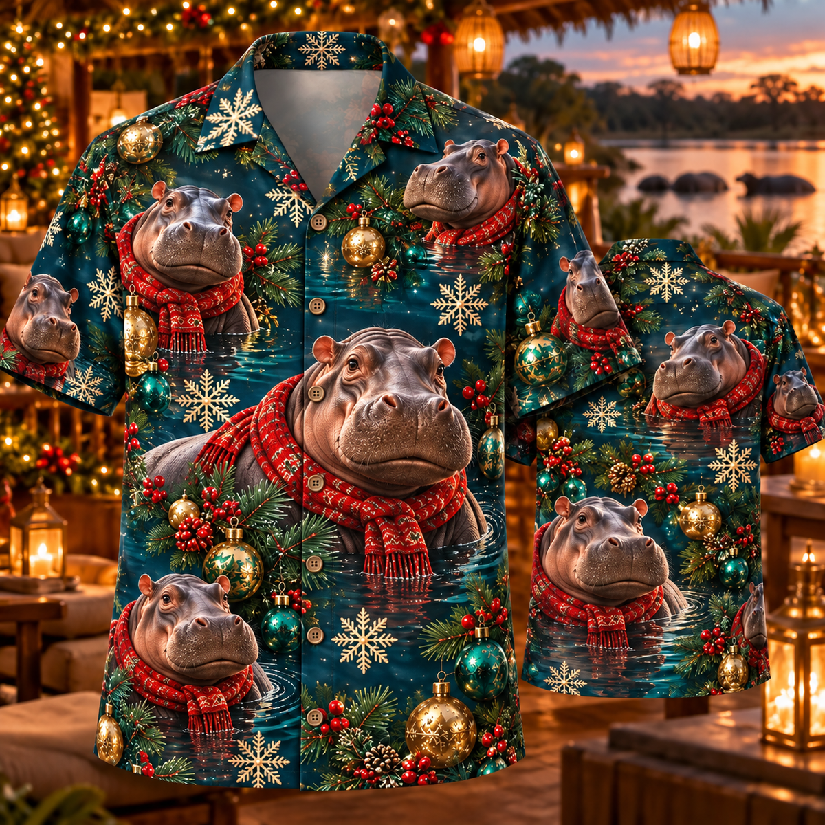 AlohaVero Christmas hippos Hawaiian shirt, front and back views