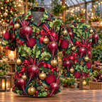 AlohaVero Christmas beetroots Hawaiian shirt, front and back views