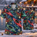 AlohaVero Christmas kayaks Hawaiian shirt, front and back views
