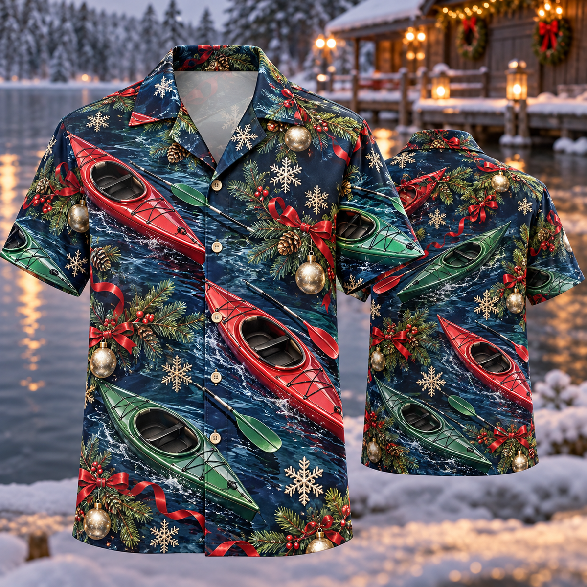 AlohaVero Christmas kayaks Hawaiian shirt, front and back views