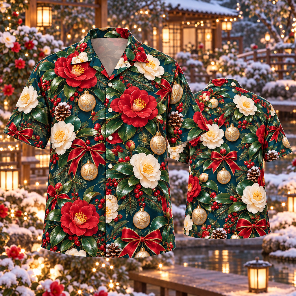 AlohaVero Christmas camellias Hawaiian shirt, front and back views