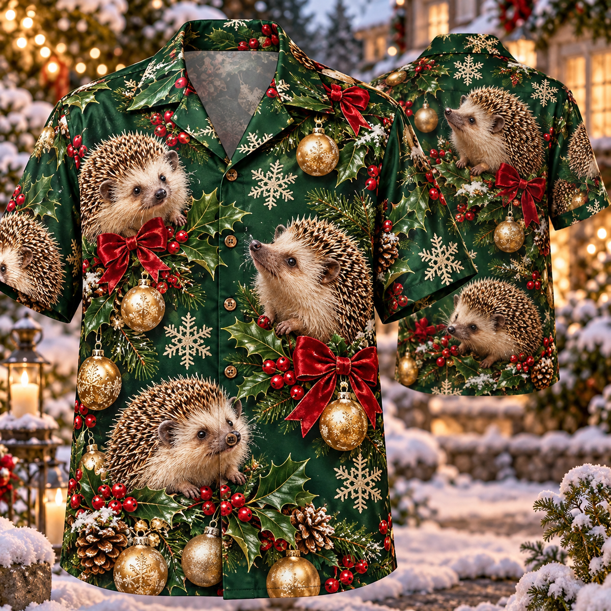 AlohaVero Christmas hedgehogs Hawaiian shirt, front and back views