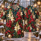 AlohaVero Christmas snapdragons Hawaiian shirt, front and back views