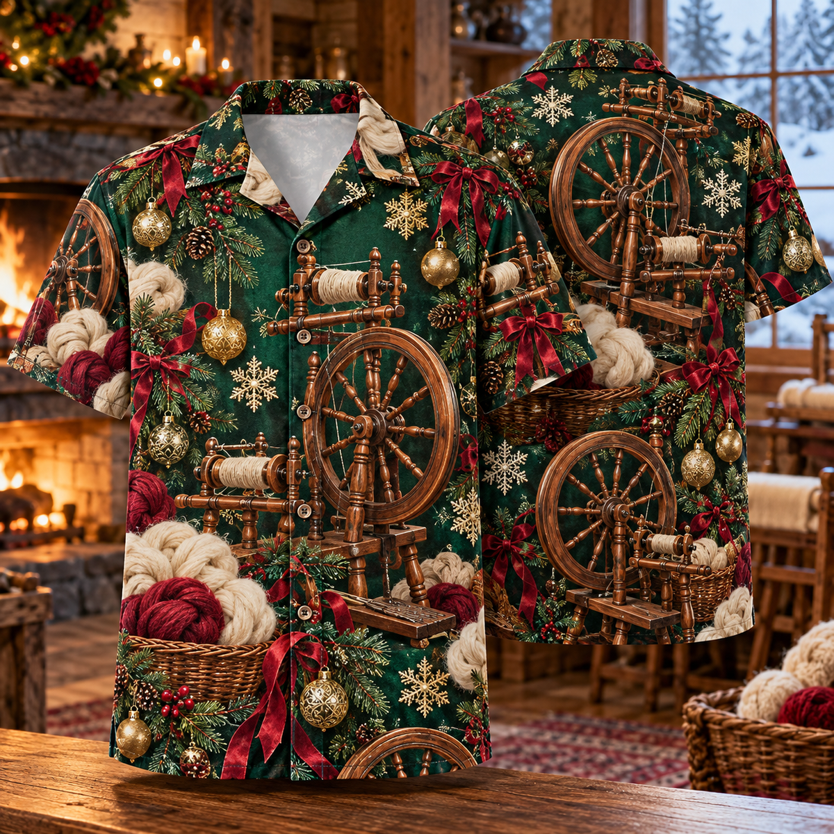 AlohaVero Christmas spinning wheels Hawaiian shirt, front and back views