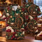 AlohaVero Christmas spinning wheels Hawaiian shirt, front and back views