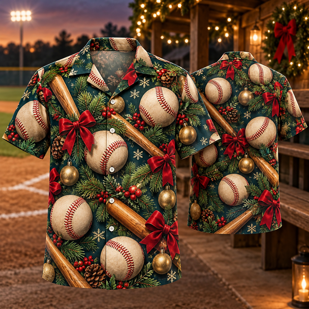 AlohaVero Christmas baseball Hawaiian shirt, front and back views
