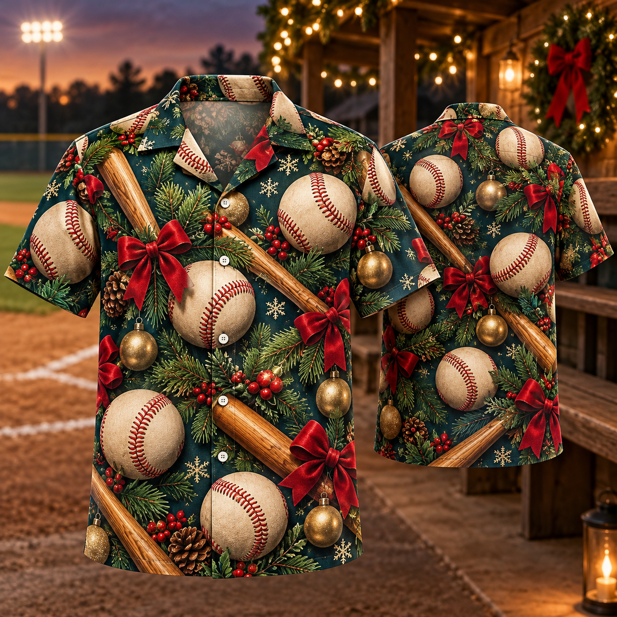 AlohaVero Christmas baseball Hawaiian shirt, front and back views
