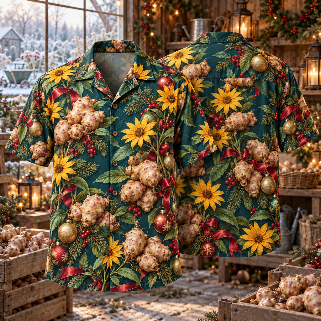 AlohaVero Christmas Jerusalem artichokes Hawaiian shirt, front and back views