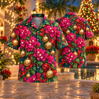 AlohaVero Christmas bougainvillea Hawaiian shirt, front and back views