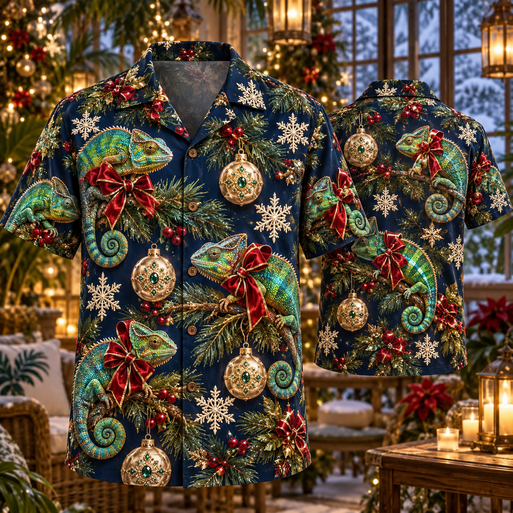 AlohaVero Christmas chameleons Hawaiian shirt, front and back views