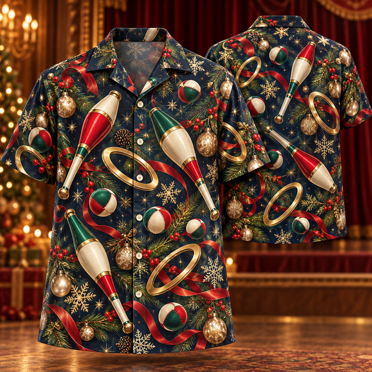 AlohaVero Christmas juggling Hawaiian shirt, front and back views