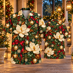AlohaVero Christmas magnolias Hawaiian shirt, front and back views