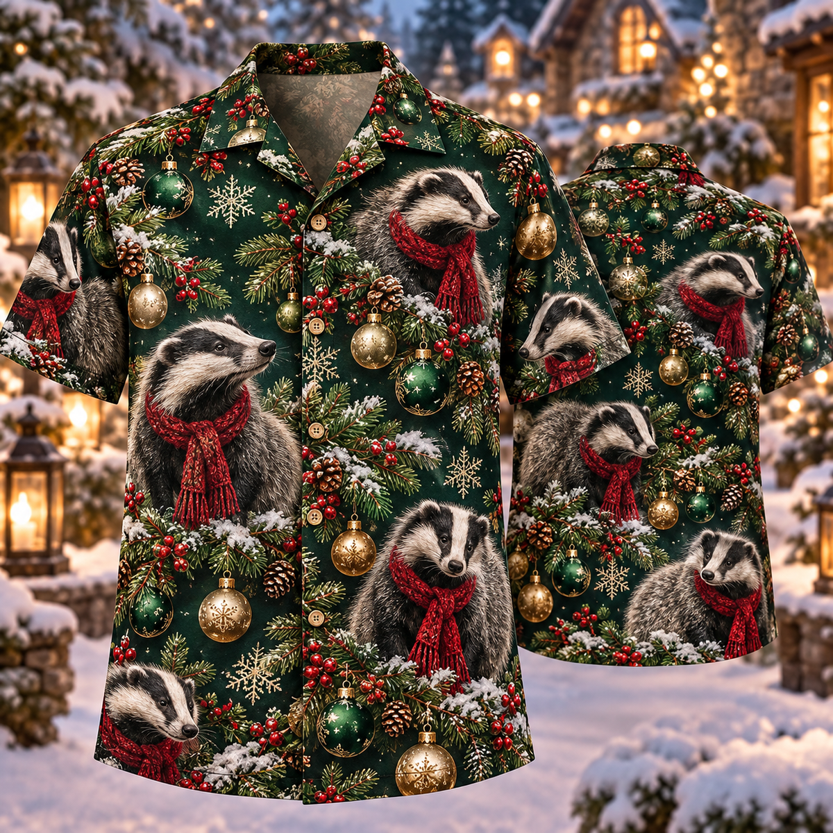 AlohaVero Christmas badgers Hawaiian shirt, front and back views