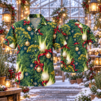 AlohaVero Christmas fennel Hawaiian shirt, front and back views