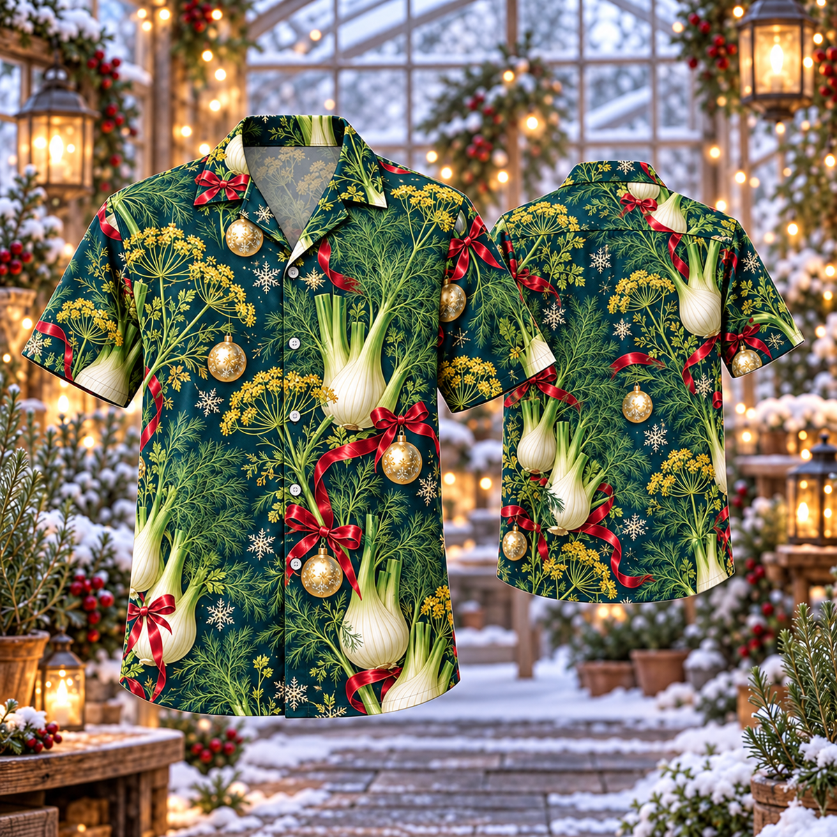 AlohaVero Christmas fennel Hawaiian shirt, front and back views