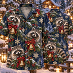 AlohaVero Christmas raccoons Hawaiian shirt, front and back views