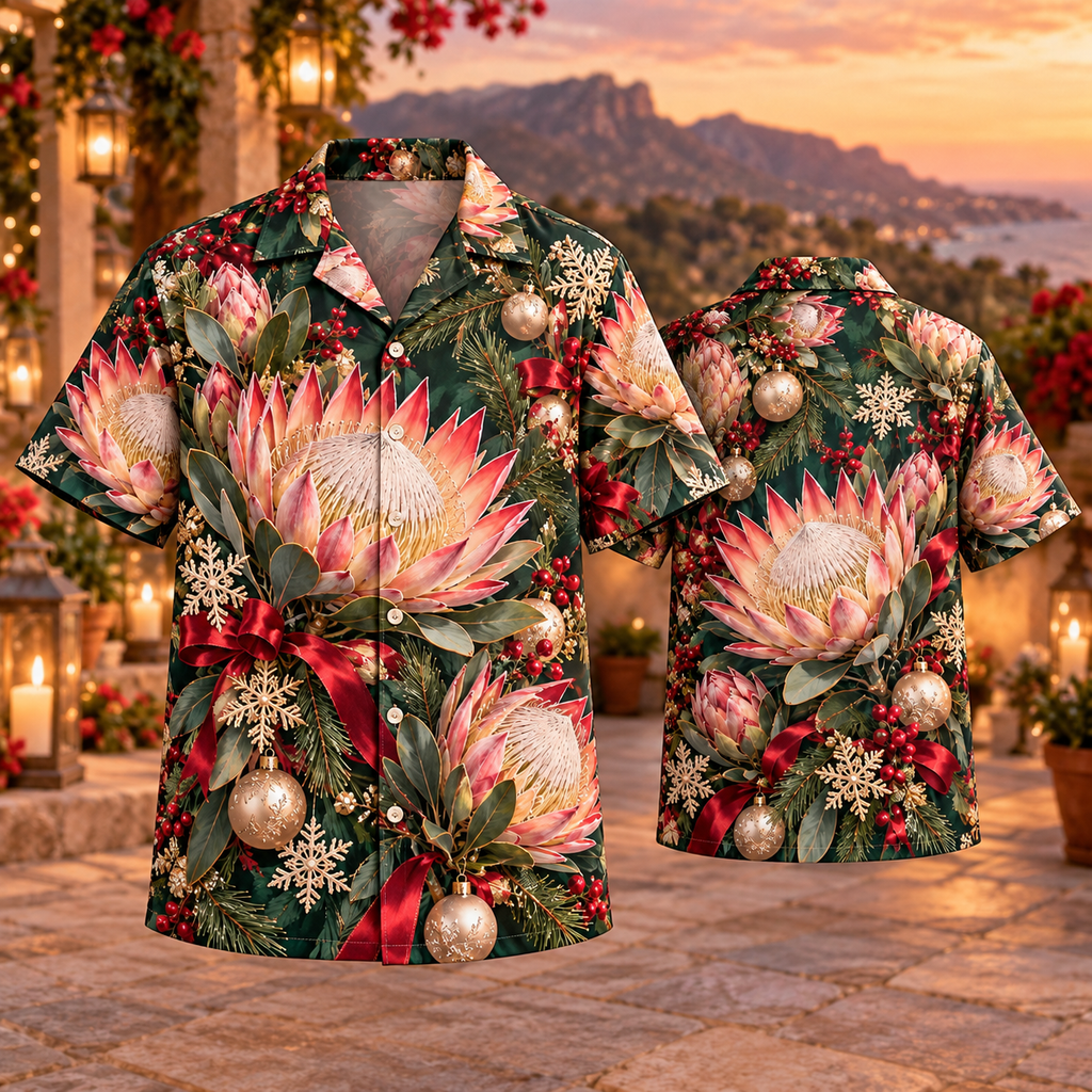 AlohaVero Christmas king protea Hawaiian shirt, front and back views