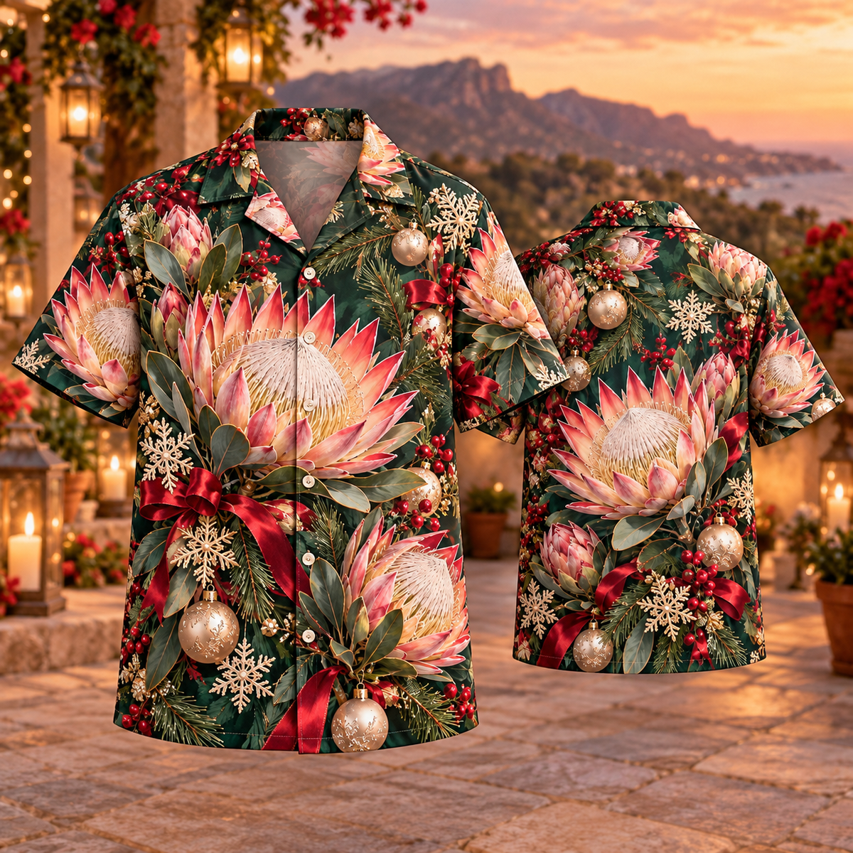 AlohaVero Christmas king protea Hawaiian shirt, front and back views