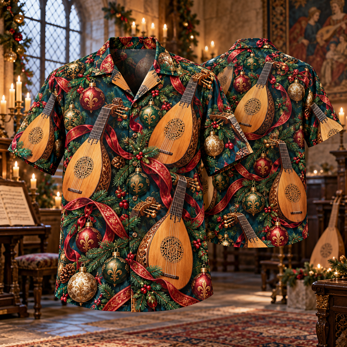AlohaVero Christmas lutes Hawaiian shirt, front and back views