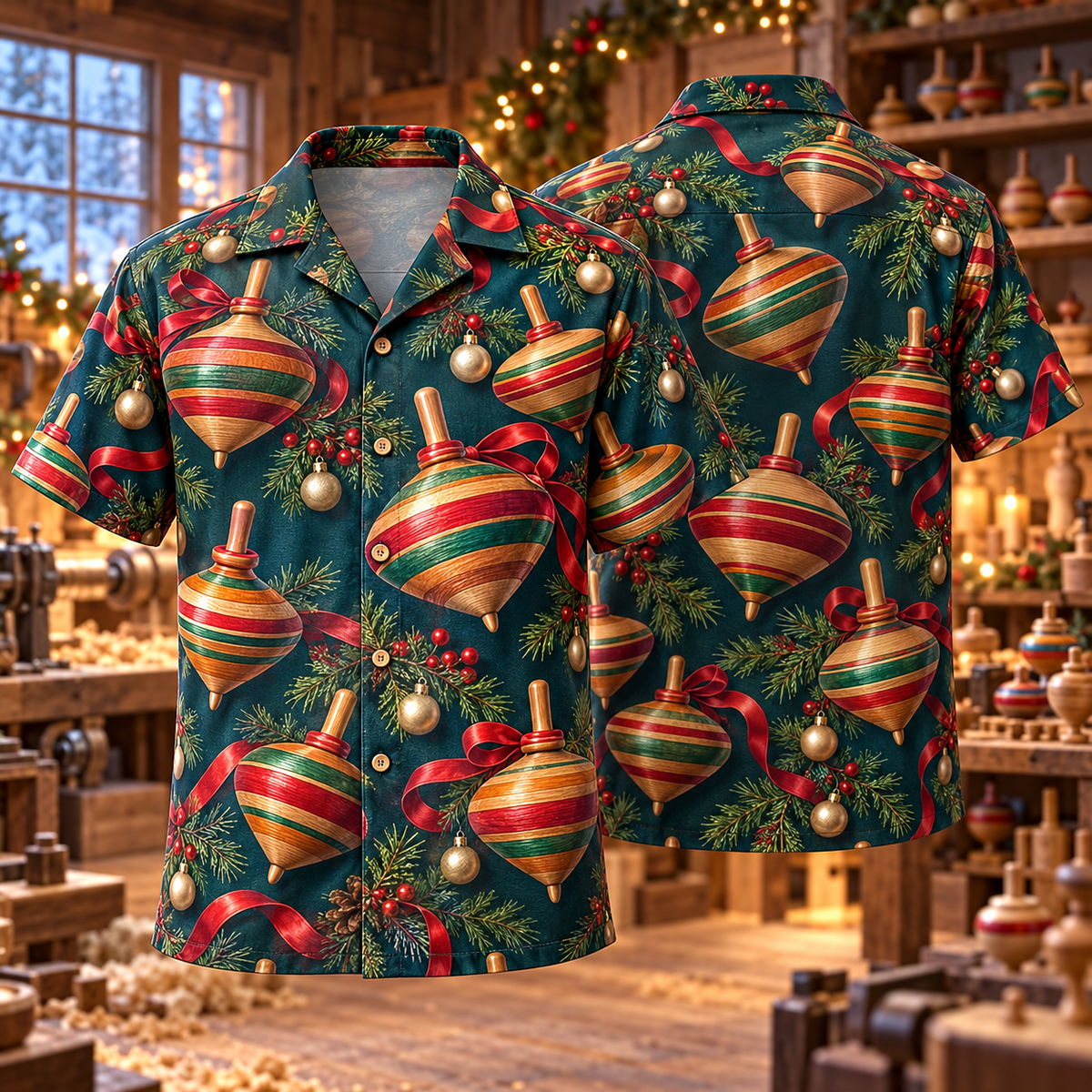 AlohaVero Christmas spinning tops Hawaiian shirt, front and back views