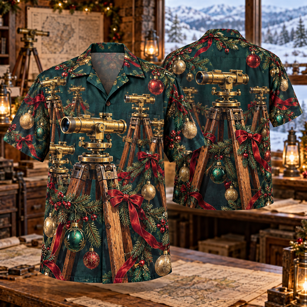 AlohaVero Christmas surveying levels Hawaiian shirt, front and back views