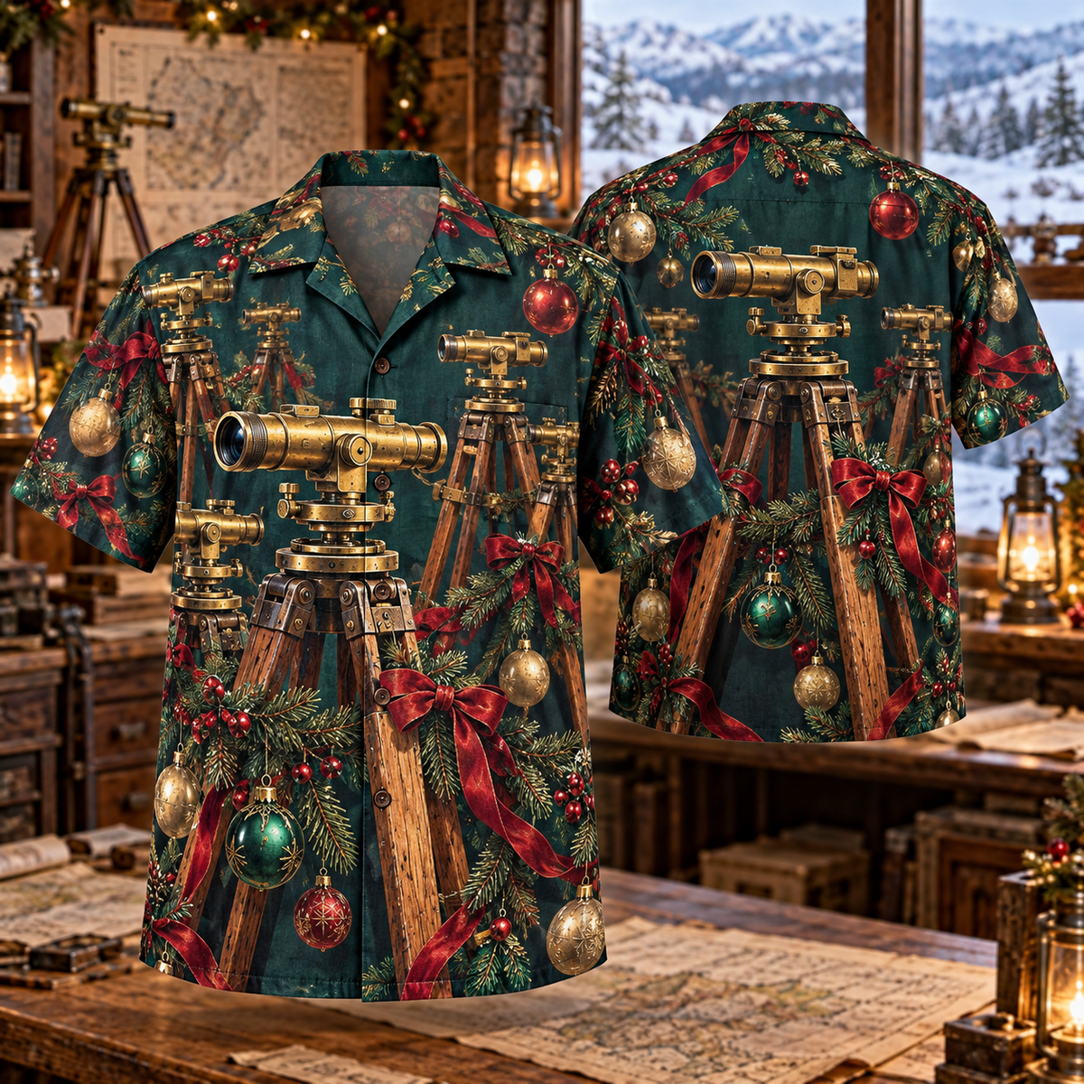 AlohaVero Christmas surveying levels Hawaiian shirt, front and back views